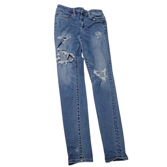 American Eagle Hi Rise Jegging Stretch Jeans Womens Size 4 Distressed Denim - Picture 2 of 7